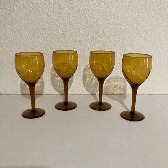 Vintage Amber Swirl Wine Cordial Glasses Blown Glass Set Of 4 - Picture 1 of 5